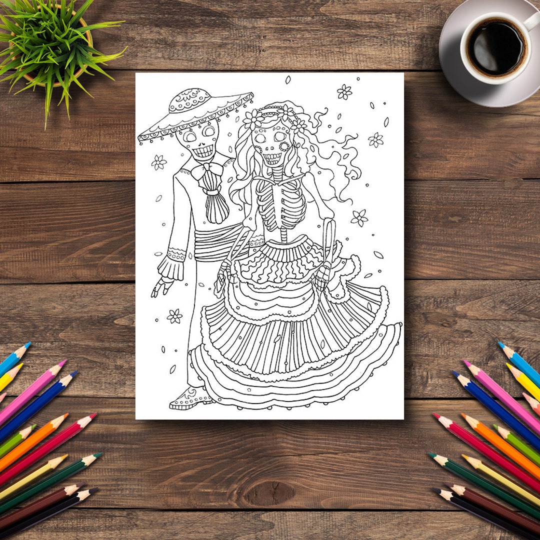 Day of the dead coloring page digital printable pdf illustration dia de los muertos art adult coloring books skeletal wedding