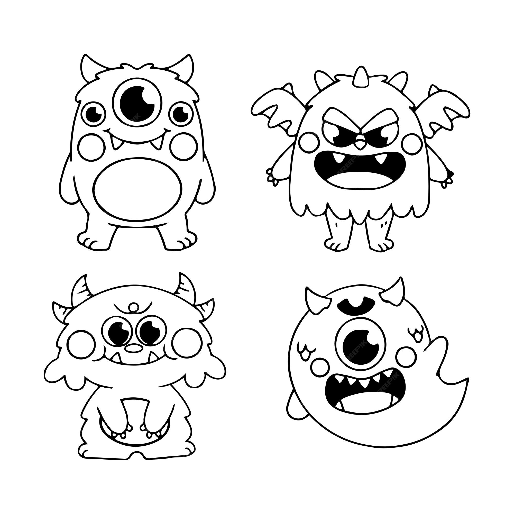 Premium vector adorable little monsters coloring page doodle illustration