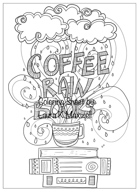 Coffee rain books printable coloring page for adults and kids coffee coloring sheet downloadable coloring page rainy coloring page