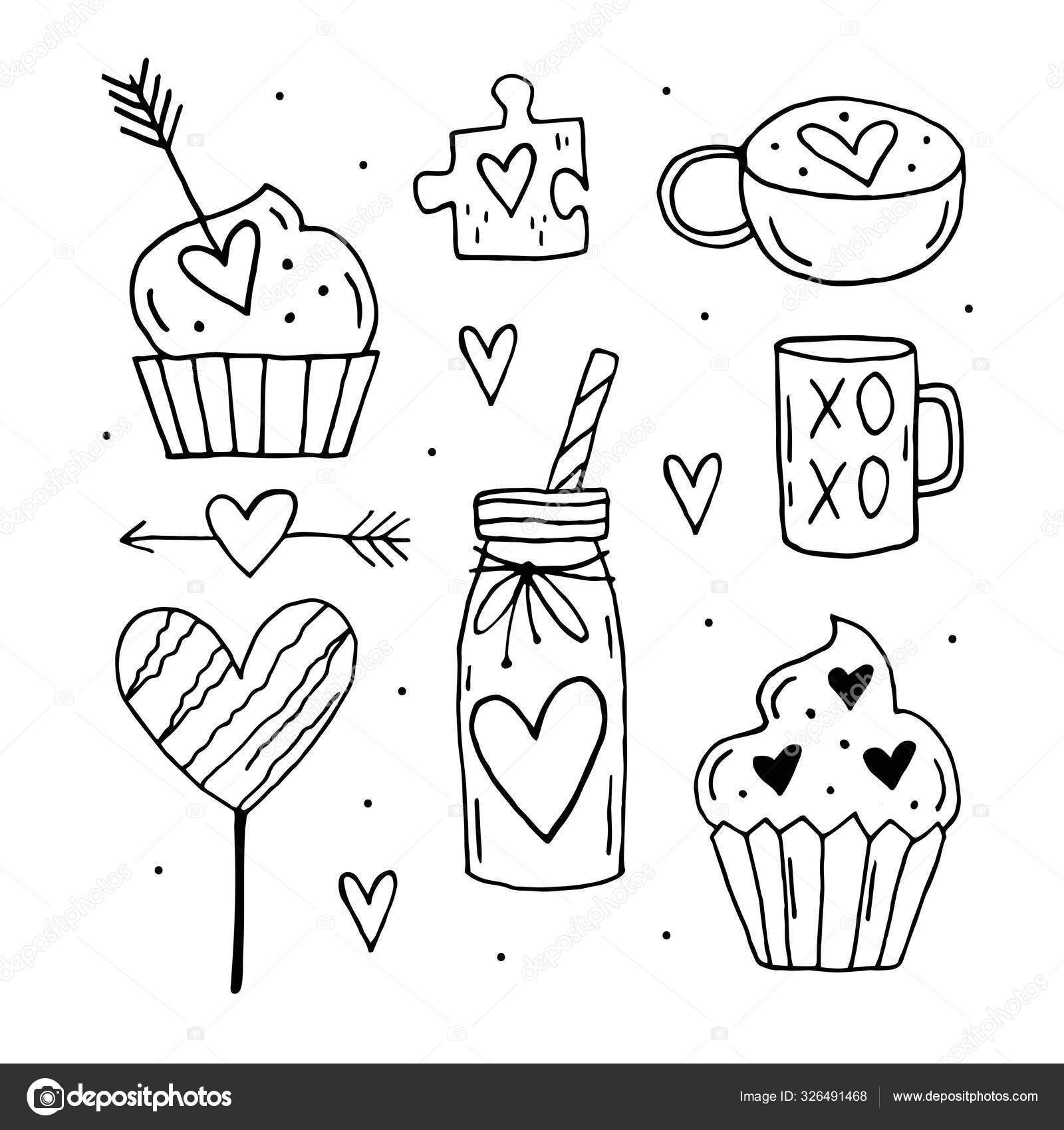 Stvalentines day set of elements clipart stickers coloring page stock vector by foxbiz