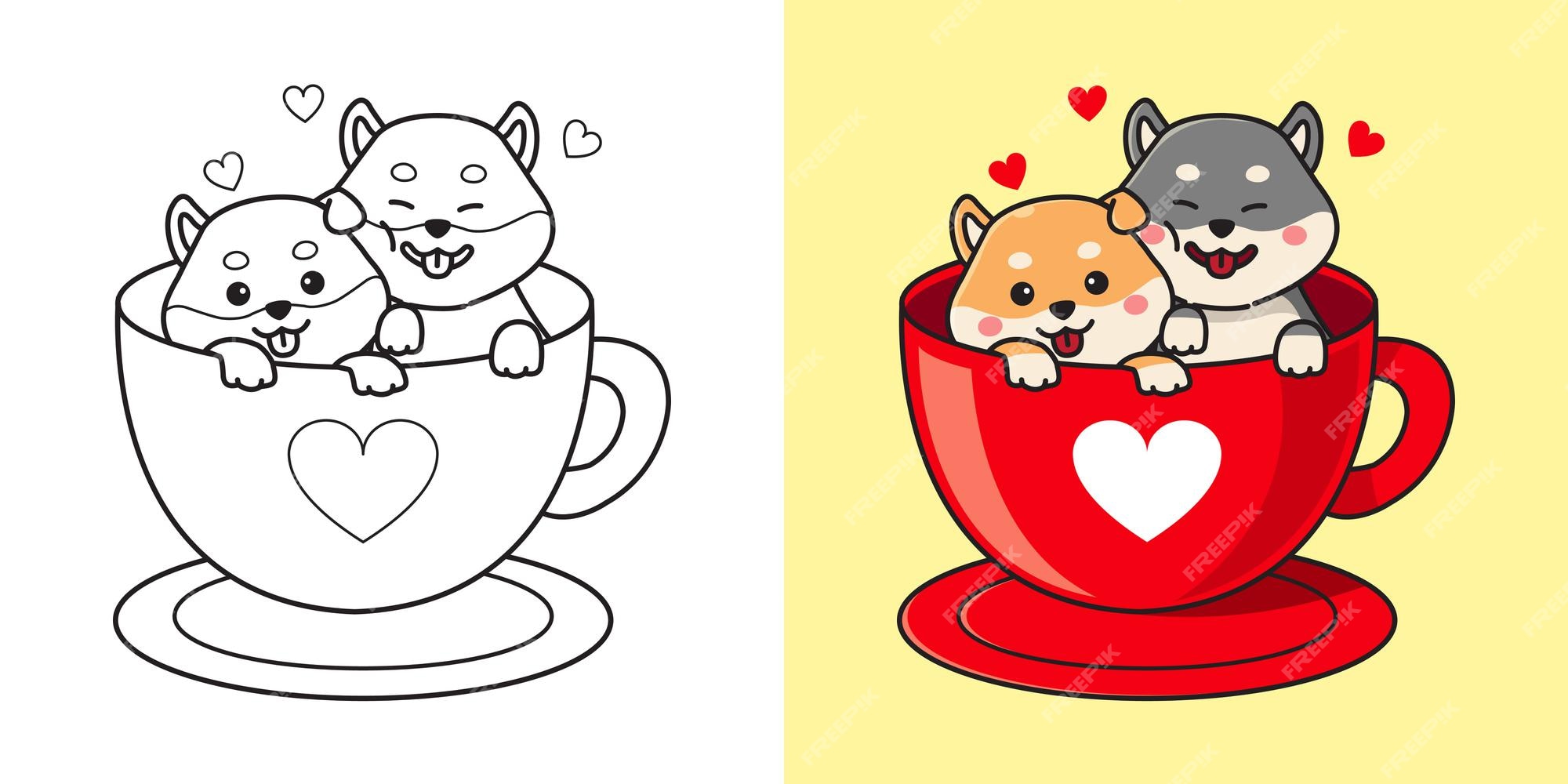 Premium vector cute shiba inu couple in a coffee cup valentine clip art children coloring page flat style cartoon