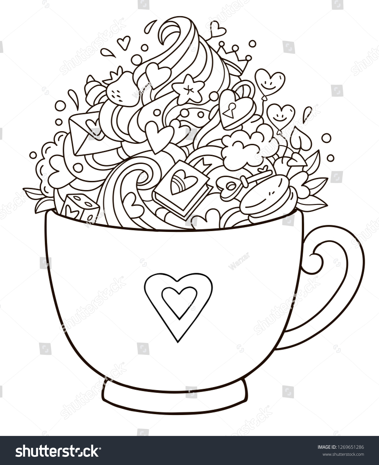 Valentines heart design cup doodles coloring stock vector royalty free