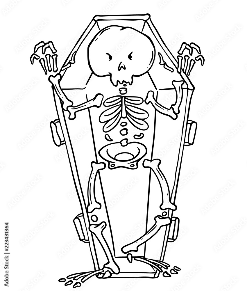 Scary skeleton in coffin in cartoon style halloween character coloring page vector