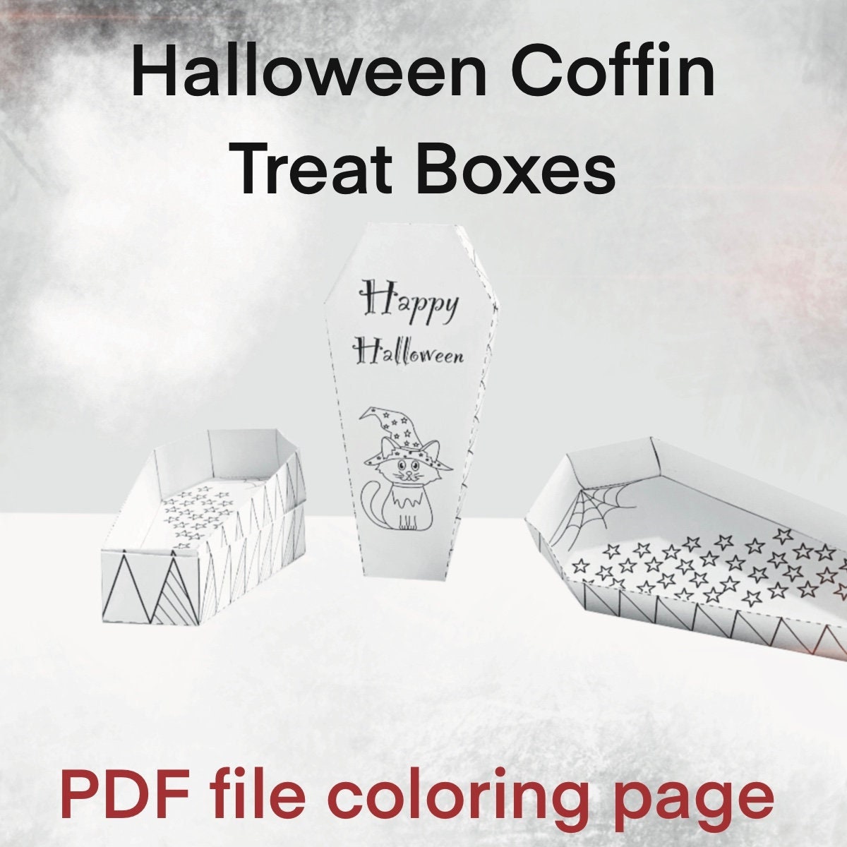 Halloween coffin treat boxes printable cat halloween cut paper craft for kids and party coffin box digital downloadpdf file