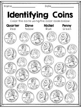 Identifying coins coloring sheets coin faces and values identifying coins teaching coins coins