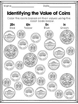 Identifying coins coloring sheets coin faces and values tpt