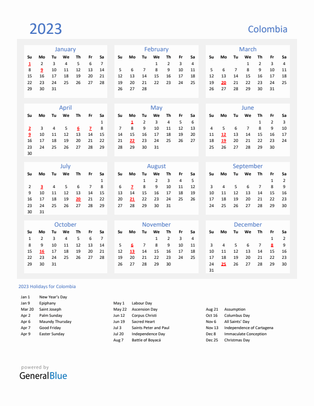 Colombia calendar with holidays