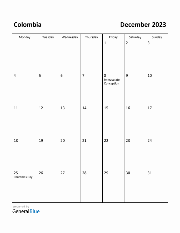 Free printable december calendar for colombia