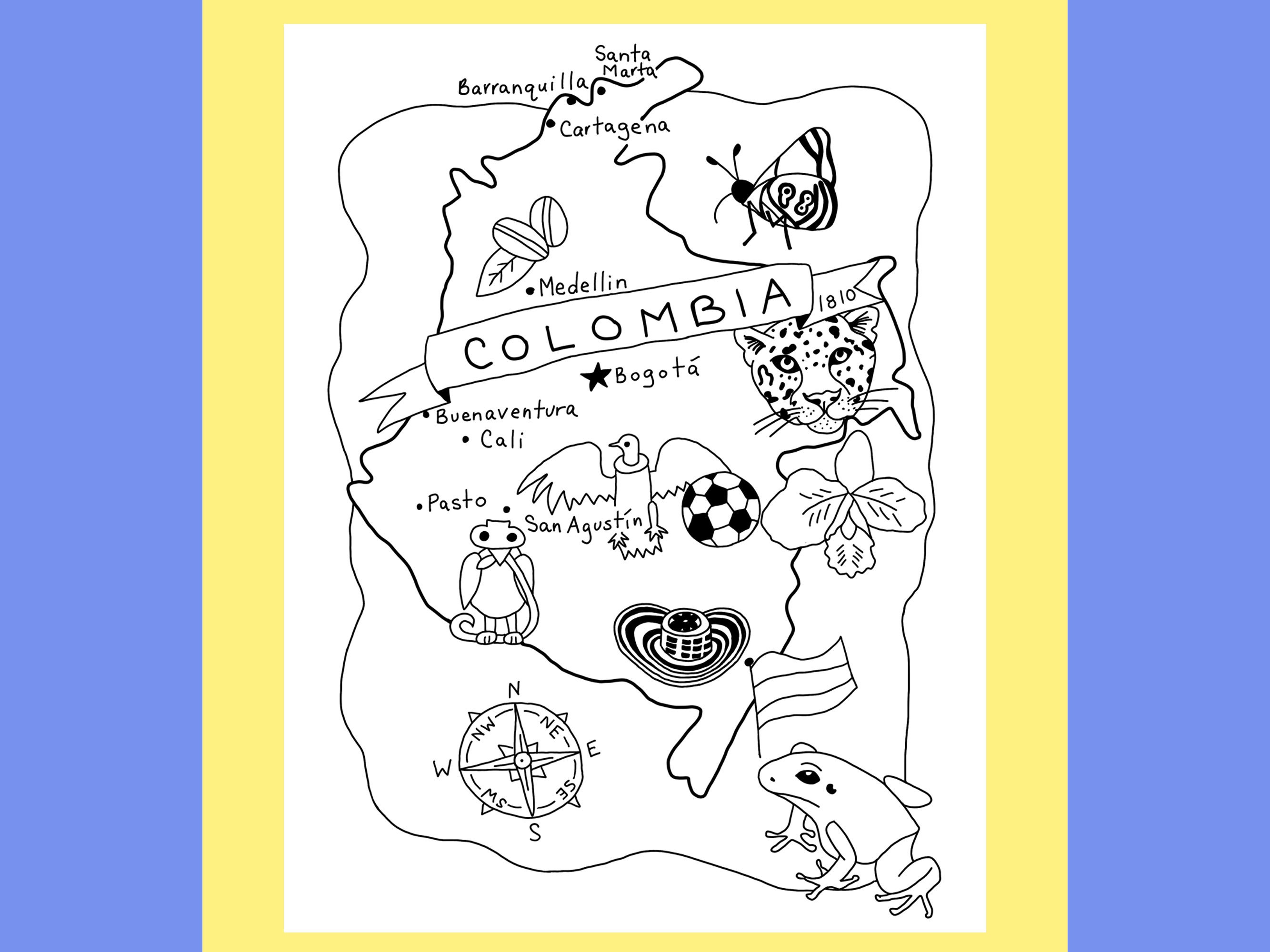 Colombia coloring page colombia map colombia printable packet colombia national symbols colombia travel poster print