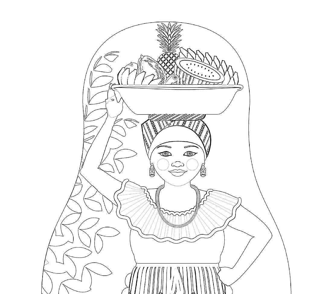 Colombian palenquera of cartagena coloring sheet printable file traditional folk dress matryoshka doll