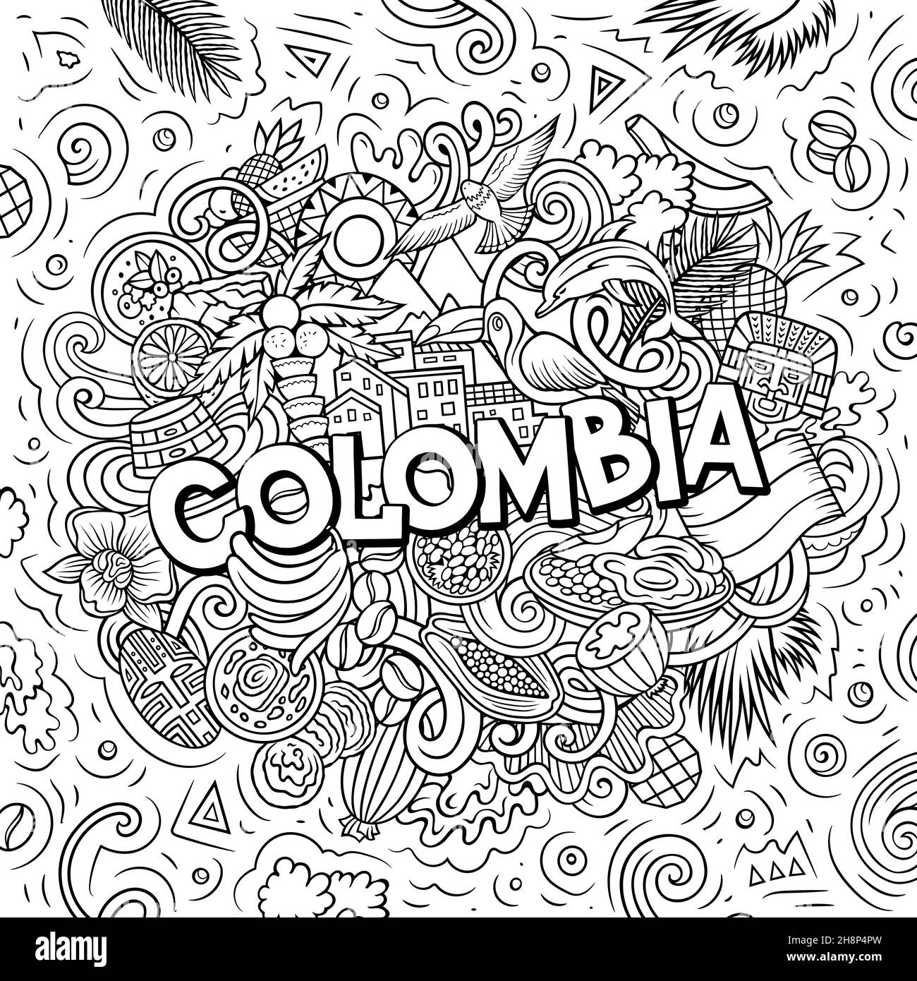 Colombia hand drawn cartoon doodle illustration funny colombian design creative vector background handwritten text with latin american elements and stock vector image art