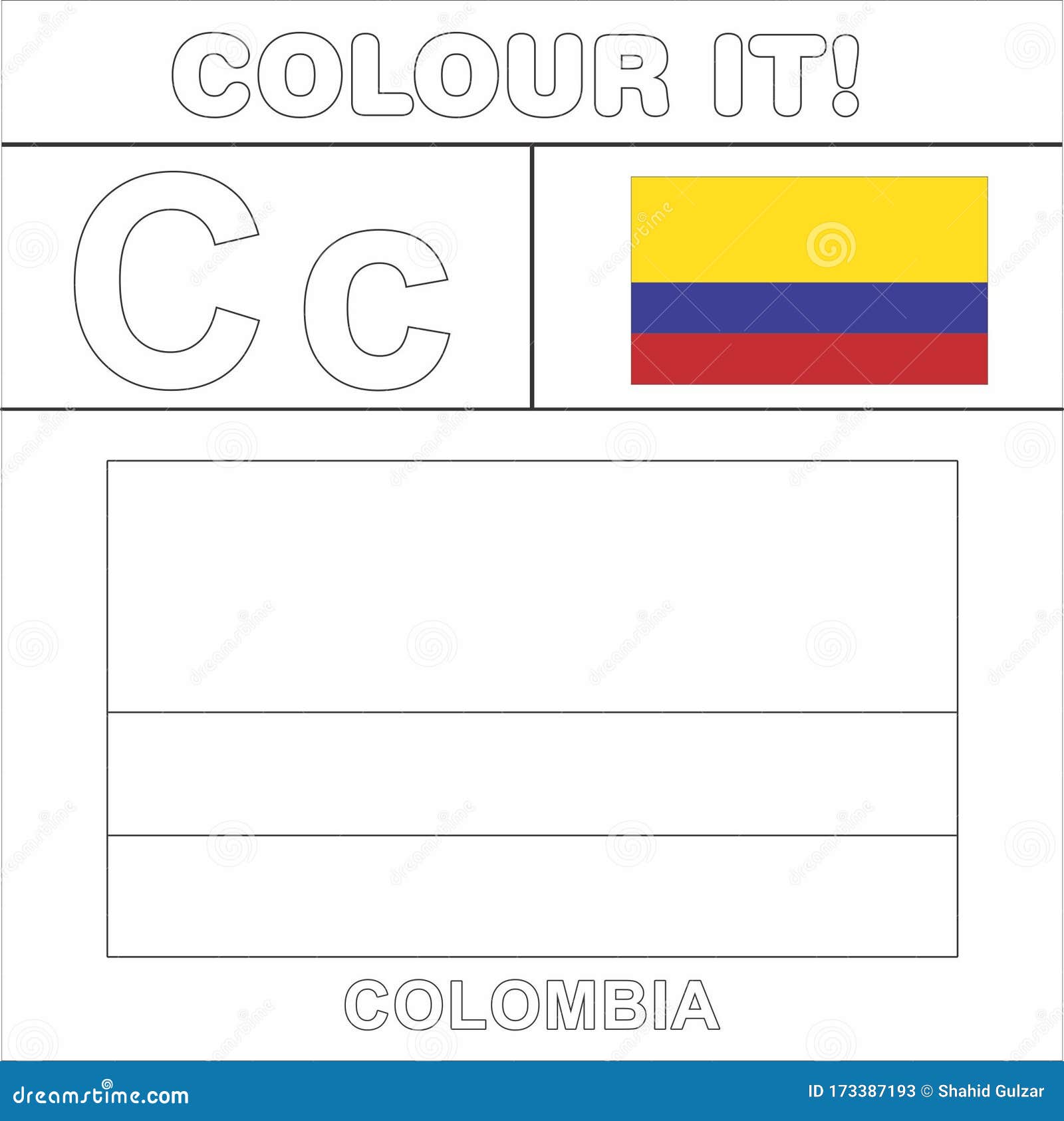 Colour it kids colouring page country starting from english letter c colombia how to color flag stock illustration