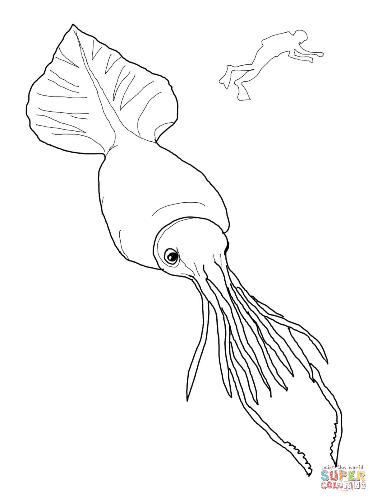 Colossal squid and scuba coloring page free printable coloring pages