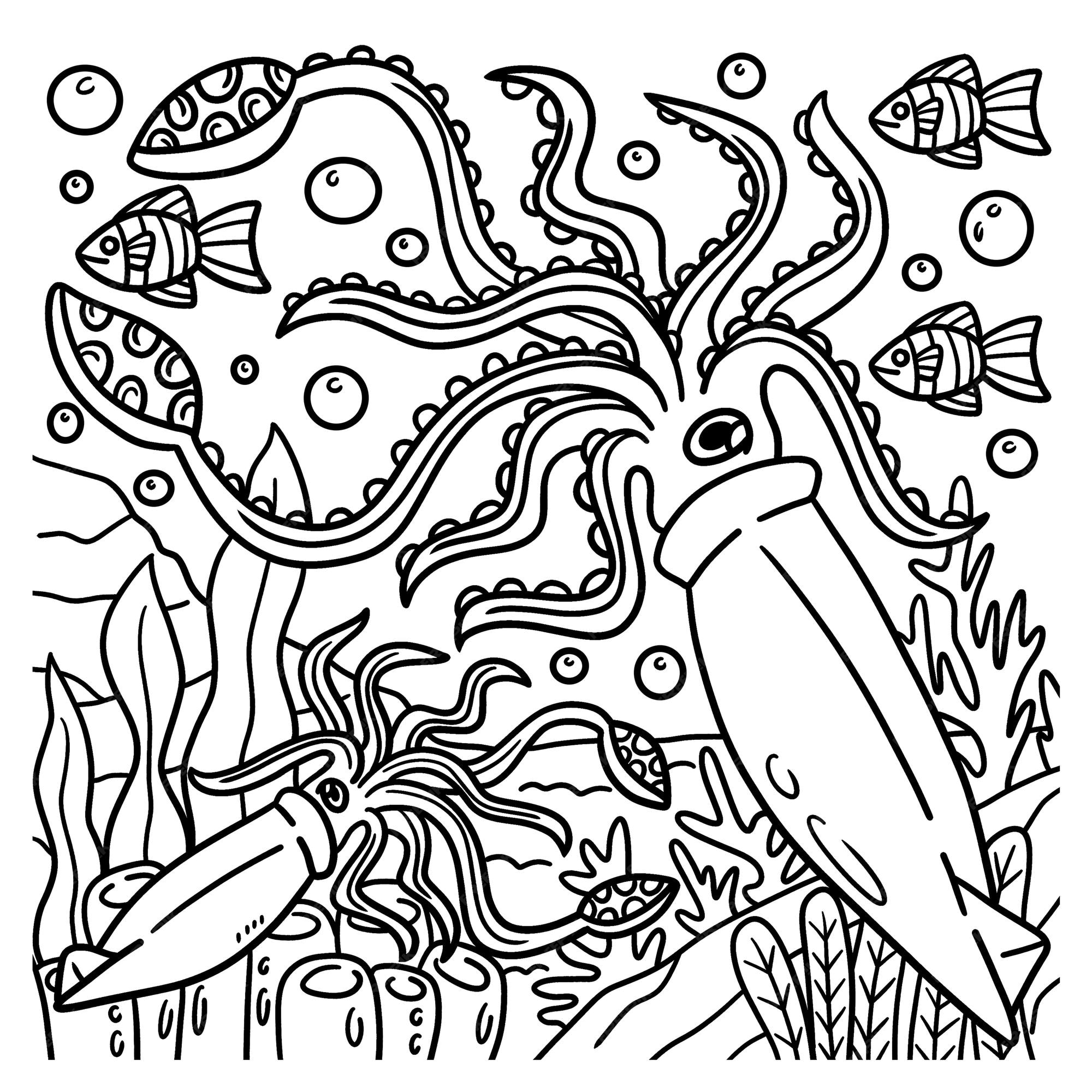 Premium vector giant squid coloring page for kids