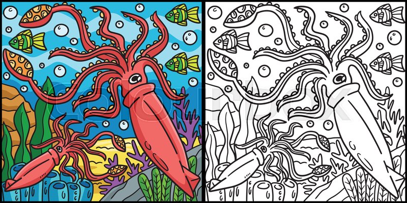 Giant squid coloring page colored illustration stock vector