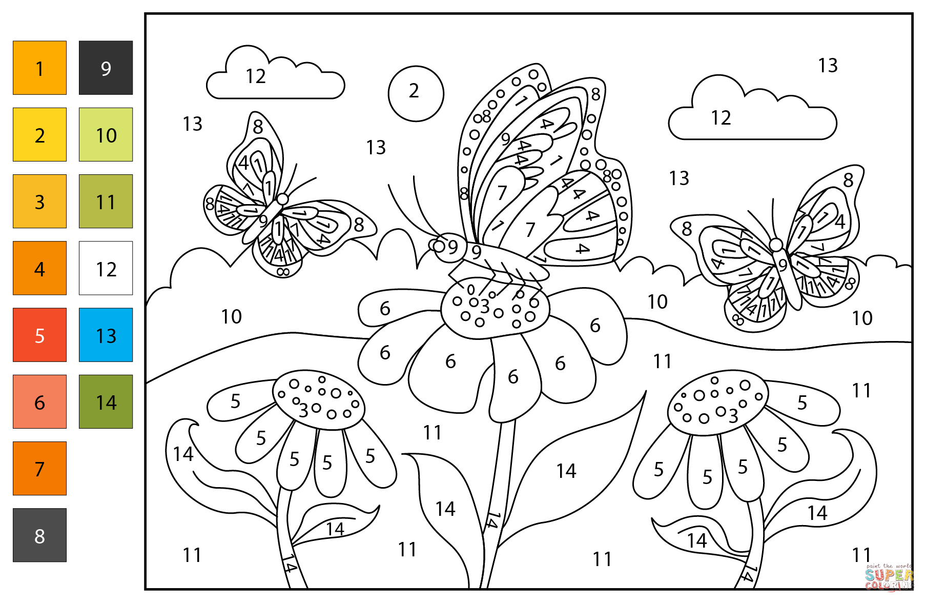 Butterfly color by number free printable coloring pages