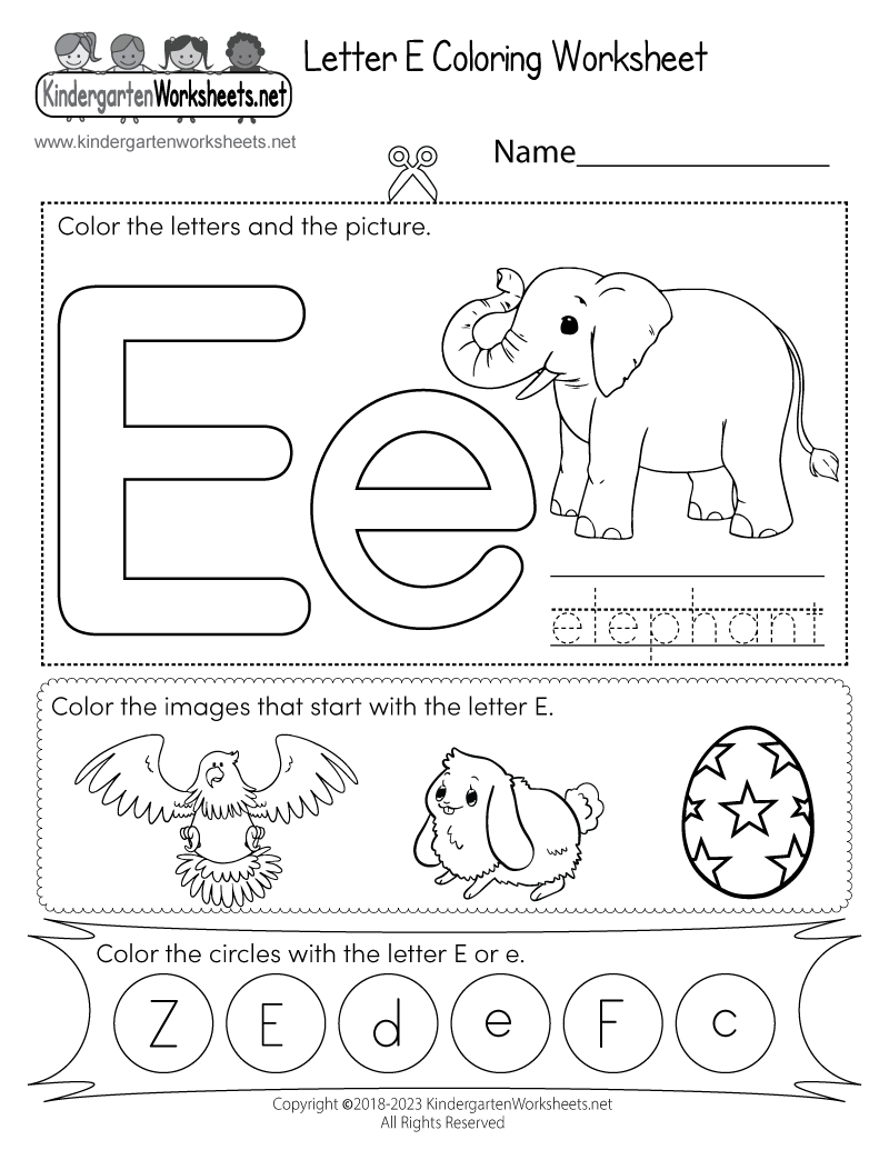 Letter e coloring worksheet