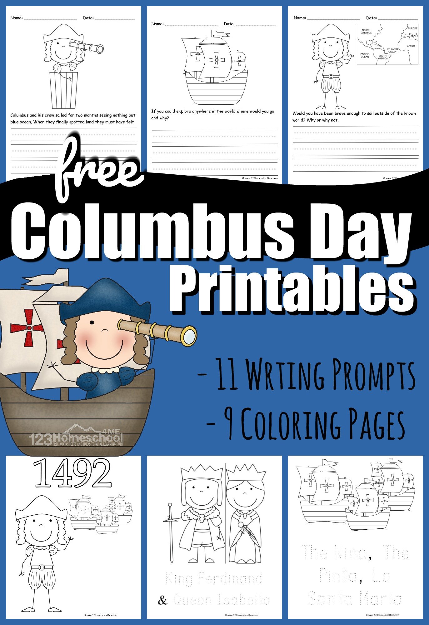 Free columbus day coloring pages writing prompt worksheets