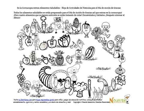 Hoja de actividad y de colorear de la cornucopia de alimentos saludabl