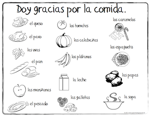 Spanish thanksgiving vocabulary coloring pages