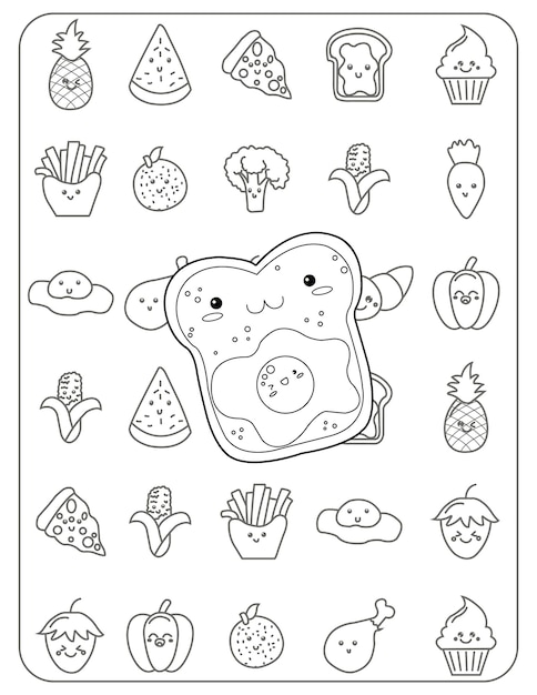 Premium vector kawaii food coloring book page for kids