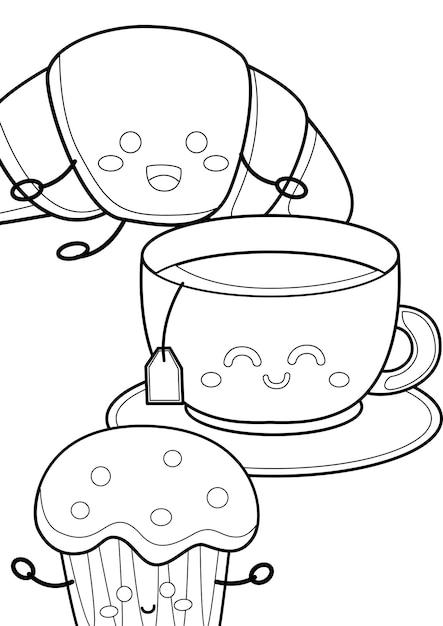 Premium vector breakfast tea and pastry food coloring pages a for kids and adult