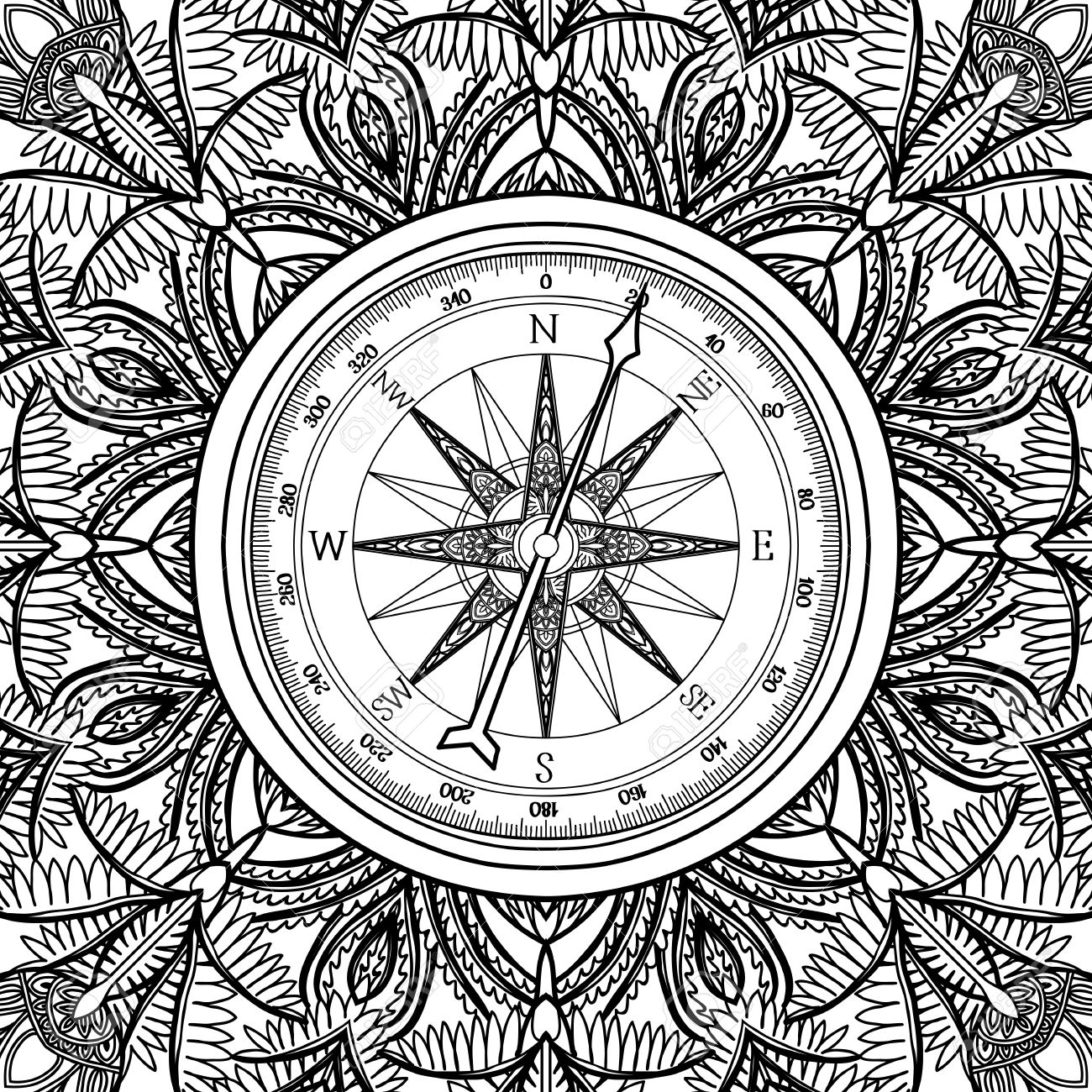 Graphic wind rose pass drawn in line art style nautical vector illustration coloring book page design royalty free svg cliparts vectors and stock illustration image