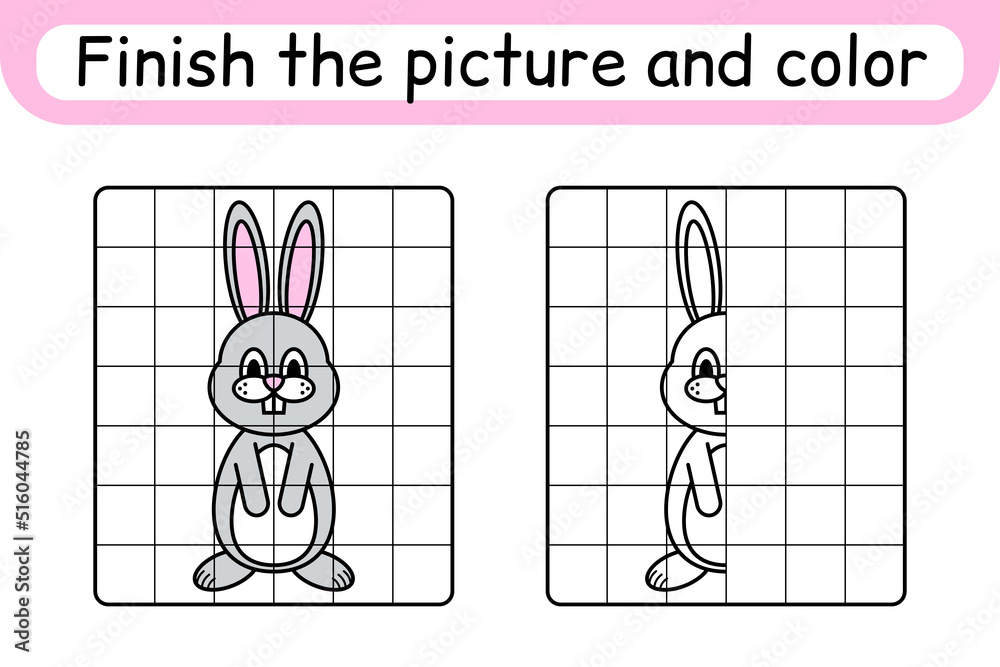 Plete the picture rabbit copy the picture and color finish the image coloring book educational drawing exercise game for children vector