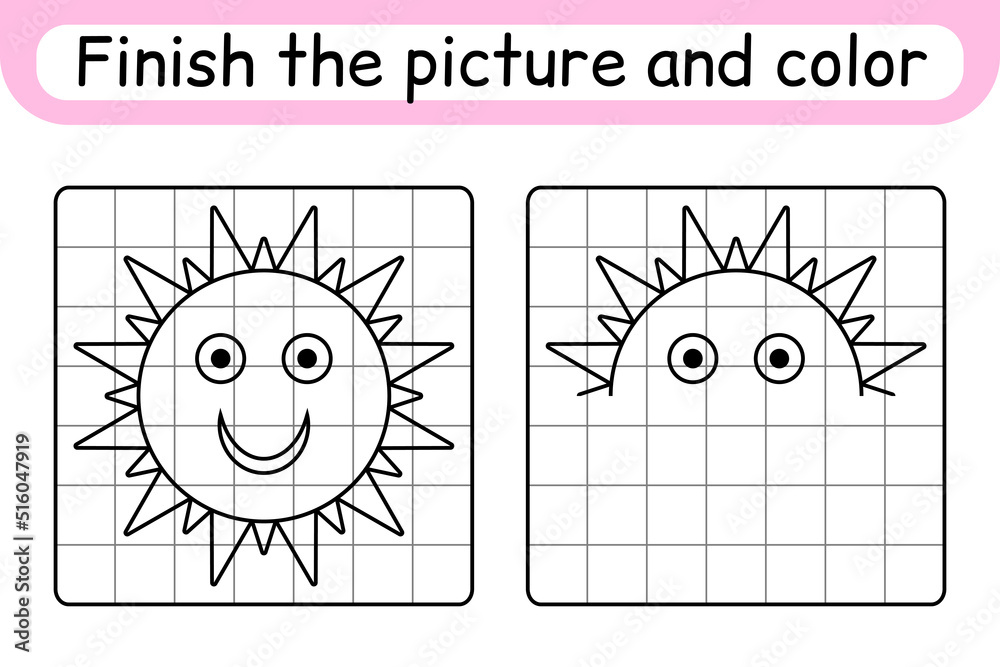 Plete the picture sun copy the picture and color finish the image coloring book educational drawing exercise game for children vector