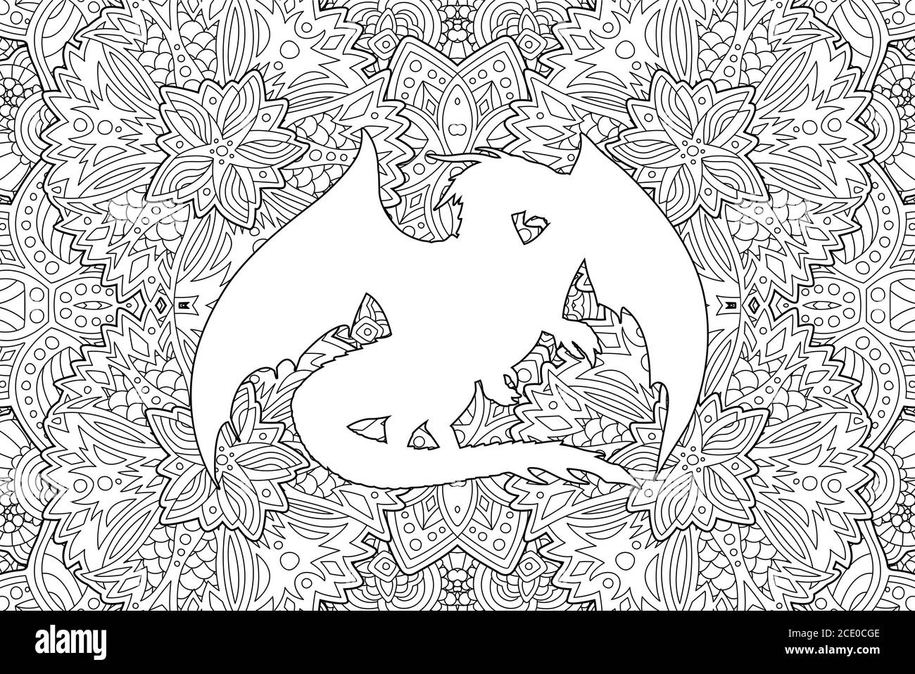 Beautiful coloring book page with dragon silhouette on detailed abstract background stock vector image art