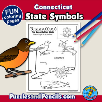 Connecticut symbols coloring pages with map and state flag state symbols