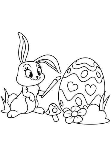 Dibujo de precioso conejo de pascua pintando un huevo para colorear dibujos para colorear imprimir gratis