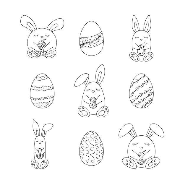 Premium vector set of hand drawn various cute easter bunnies with eggs happy easter doodle clipart