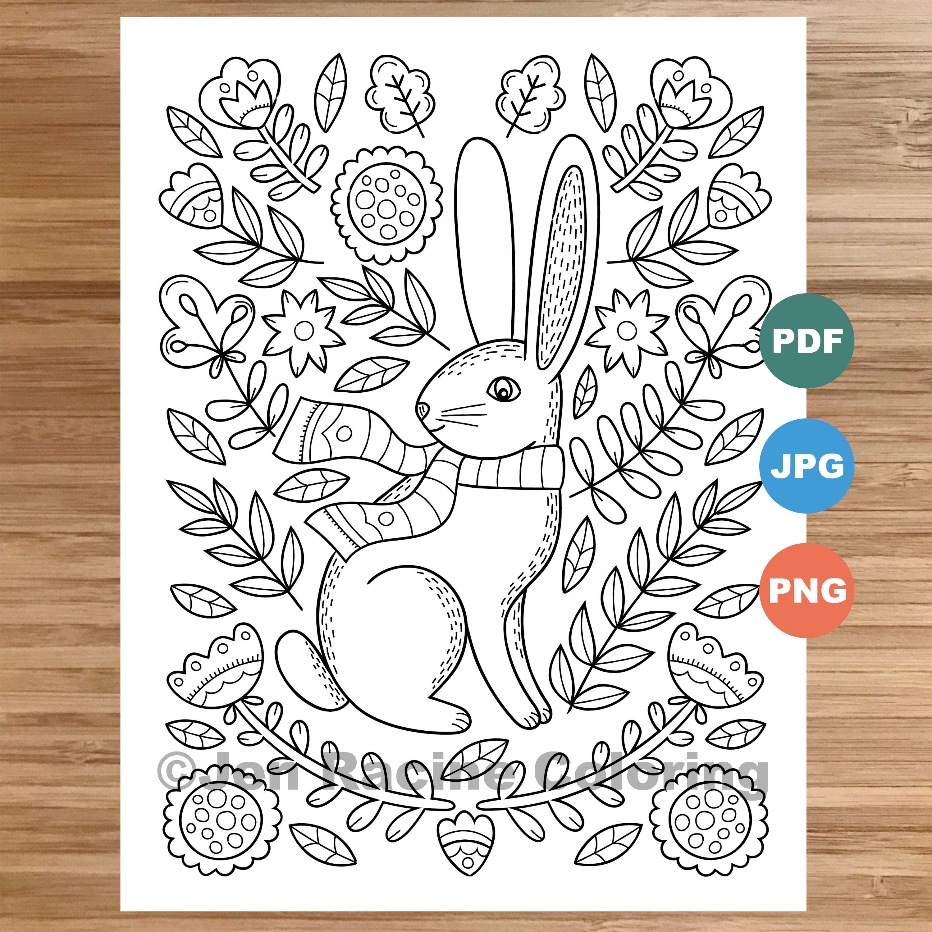 Woodland wonder coloring page conejo floral escandinavo suãter sombrero coloraciãn acogedora pãgina para colorear para niãos