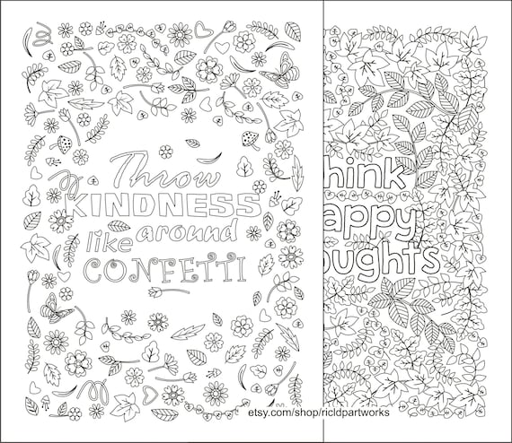 Two coloring pages with good vibes throw kindness around like confetti and think happy thoughts digital download