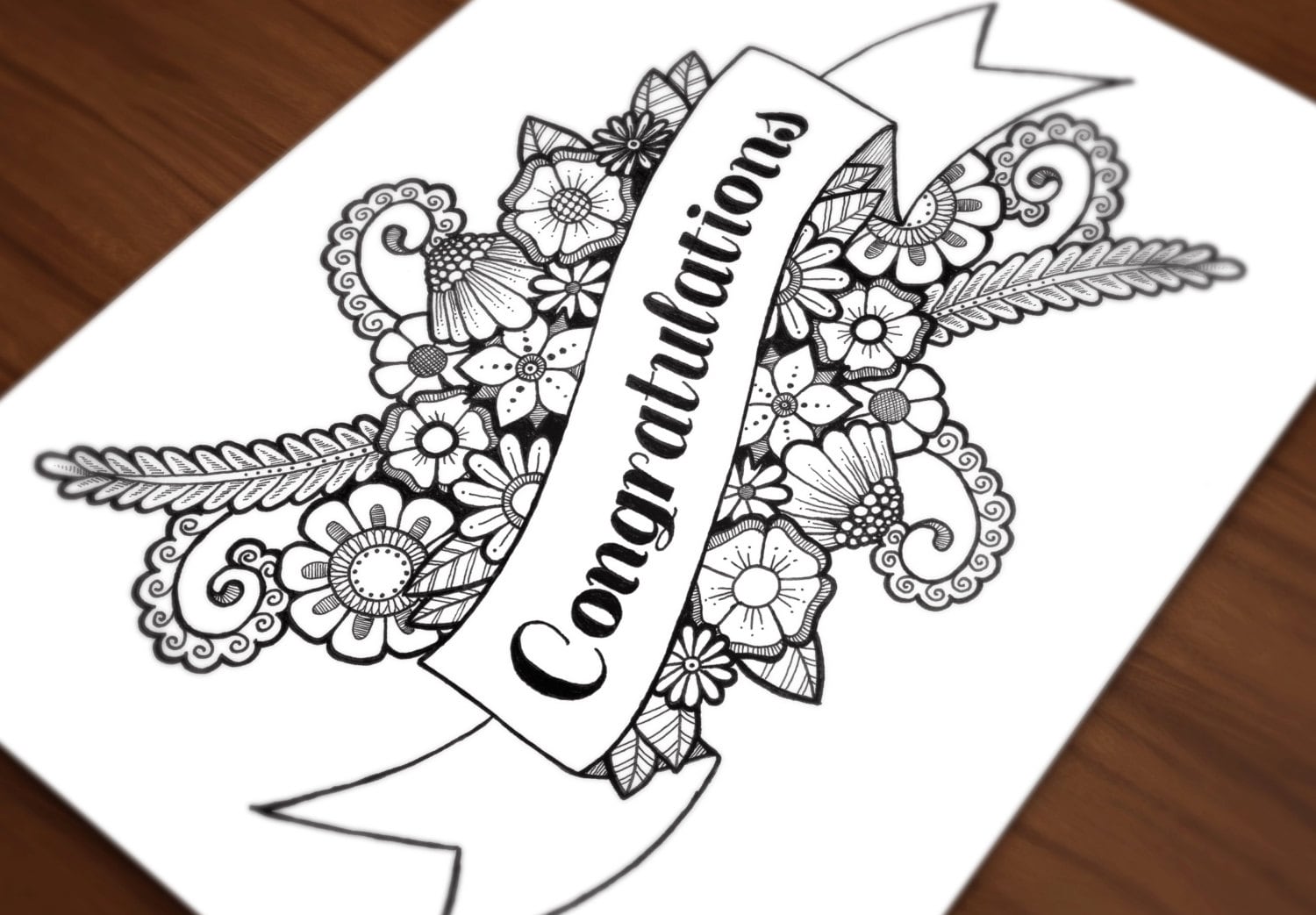 Digital coloring page congratulations with flowers hand illustrated