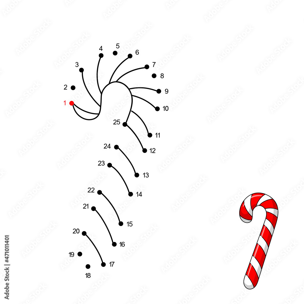 Christmas candy cane dot to dot game connect the dots by numbers to draw christmas lollypop