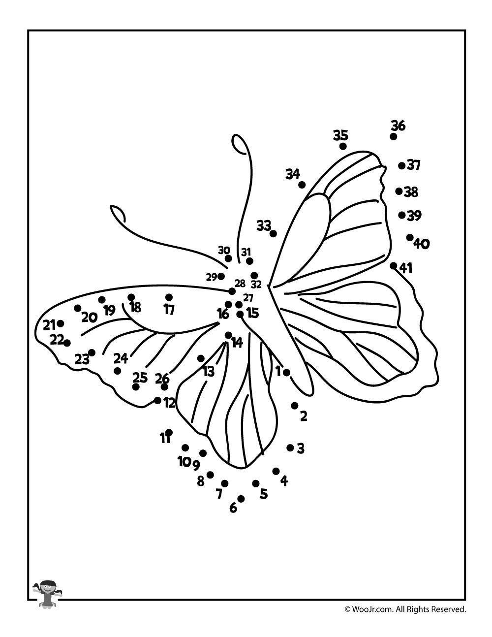 Printable spring dot to dot activity pages woo jr kids activities childrens publishing butterfly coloring page insect coloring pages flower coloring sheets