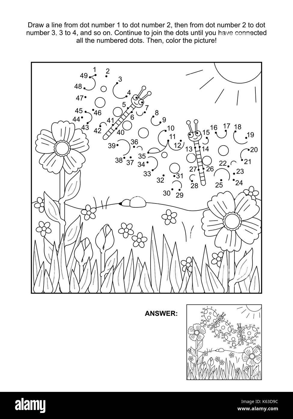 Connect the dots picture puzzle and coloring page spring or summer joy themed with butterflies flowers grass answer included stock vector image art