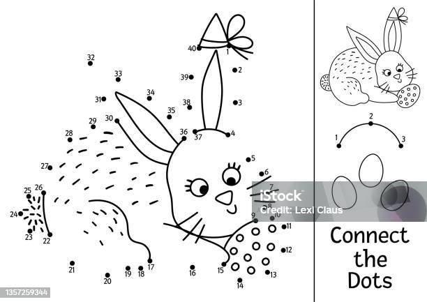 Vector easter dottodot and color activity with cute bunny holding egg spring holiday connect the dots