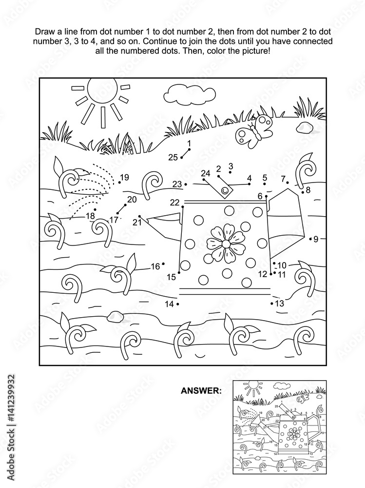 Spring and gardening themed connect the dots picture puzzle and coloring page with watering can and young sprouts answer included vector