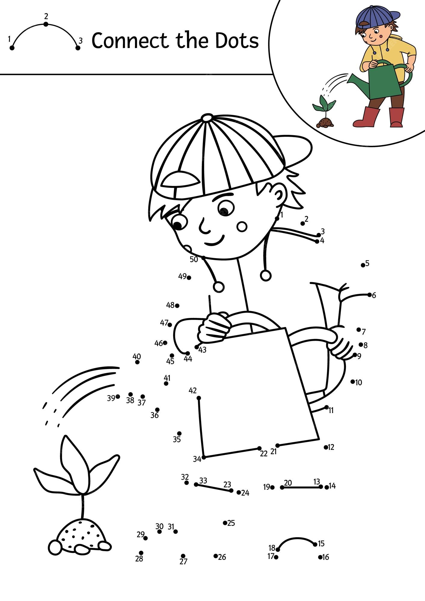 Premium vector vector dottodot and color activity with cute boy watering baby plant spring or summer connect the dots game for children garden themed printable worksheet or coloring page for kidsxa