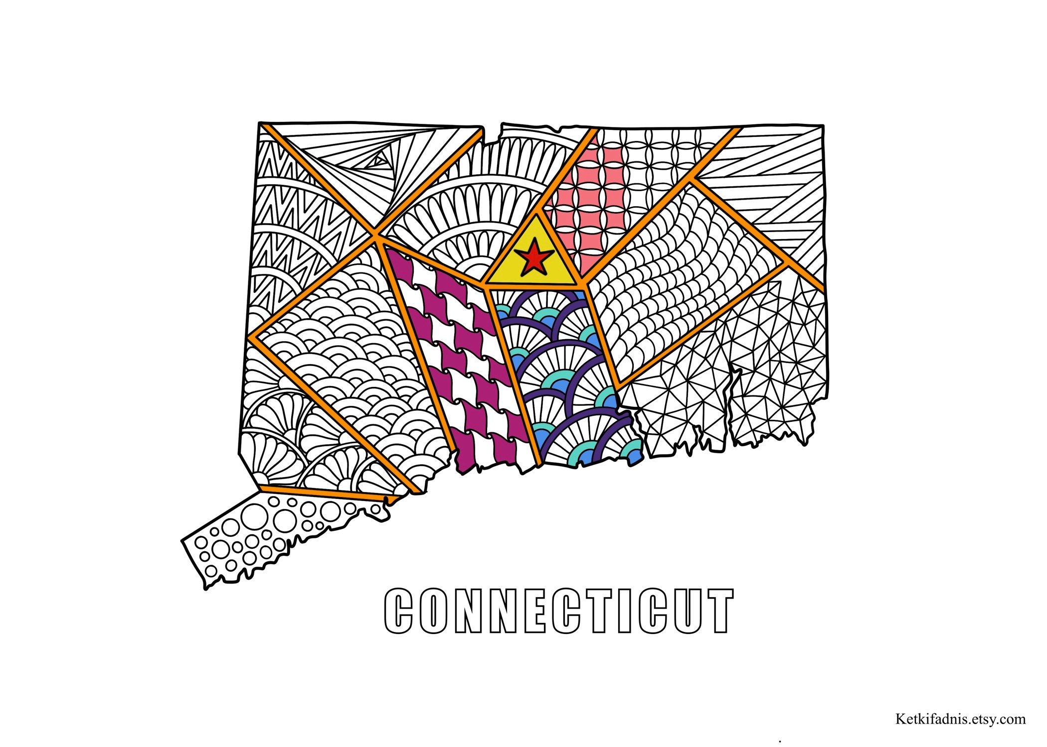 Connecticut map colouring page digital download pdf zentangle colouring page