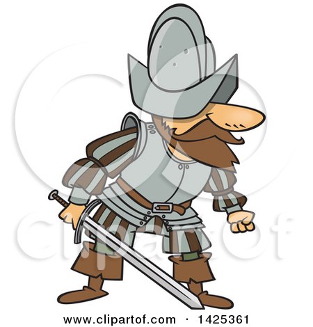 Clipart of a cartoon black and white lineart mad conquistador holding a sword