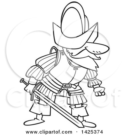 Clipart of a cartoon black and white lineart mad conquistador holding a sword