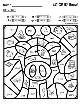 Consonant beginning blends worksheets color by code phonics activities