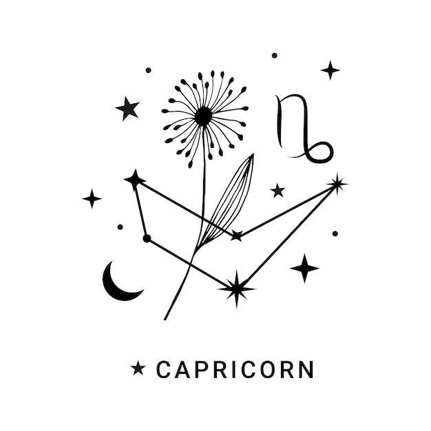 Signo del zodiaco de la constelaciãn de capricornio con luna de flor y trellas vector premium