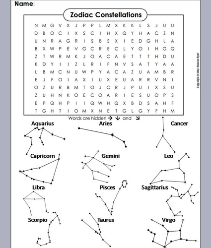 Constellations of the zodiac word search coloring book teaching resources