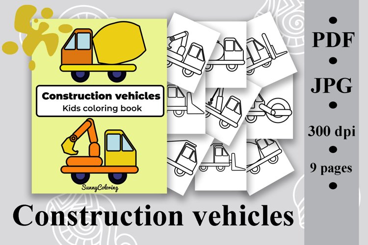 Construction vehicles kids coloring book coloring page set