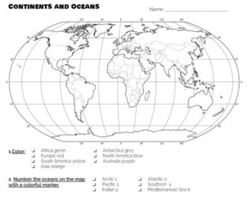 Color the continents and label the oceans